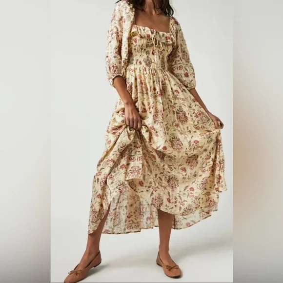 Free People Ethereal Oasis Midi Dress Ivory Floral Cottagecore Smocked Tiered S - Picture 1 of 6